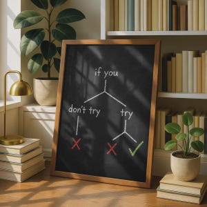 May include: A framed chalkboard featuring a white chalk flowchart that reads if you, with branches leading to don't try and try. The don't try branch ends in a red X, while the try branch splits to a red X and a green checkmark symbol.