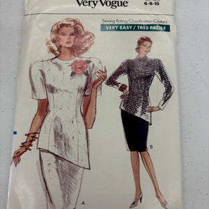 May include: A vintage Very Easy Very Vogue sewing pattern. The package features illustrations of two women wearing the garments. The pattern number is 7424, and the size is 6-8-10. The sewing rating is Very Easy.