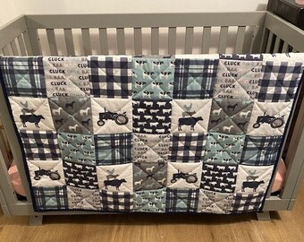 Baby Boy - Farm Animal and Tractor Hand Quilted Baby Blanket - Large