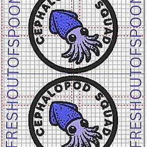 May include: Two circular patches with a blue squid illustration inside a black circle. The text "CEPHALOPOD SQUAD" is arched around the squid. The background is a grid pattern with the text "@FRESHOUTOFSPOONS" on the left and right sides.