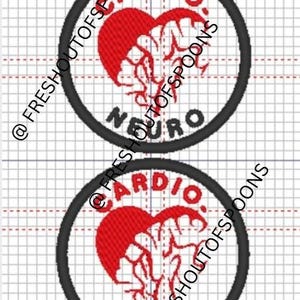 May include: Two embroidered patches with a black border. Each patch features a red heart-shaped design with the words "CARDIO" and "NEURO" in black. The text "FRESHOUTOFSPOONS" is printed diagonally across the image.