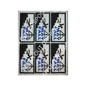 May include: A sheet of six black and white patches with a falling person graphic and the words "MAY FALL" in blue. The text "FRESH OUT OF SPOOC" is also present.