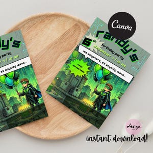May include: Two birthday party invitations with a superhero theme. The invitations feature a cartoon illustration of a child holding balloons, set against a cityscape. The text includes the name "Randy's", party details, and "instant download!"
