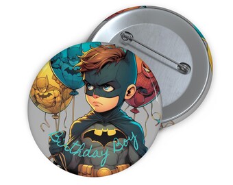 Dark Bat Hero Pin Button, Night Hero Birthday Party Favor, Caped Crusader Metal Pinback