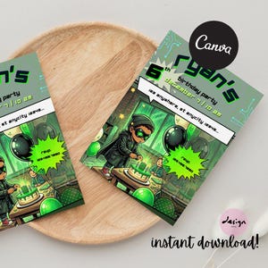 May include: Two green and black birthday party invitations with a comic book style illustration of a child cutting a cake. The invitations have the text "Ryan's 6th birthday party" and "instant download!"