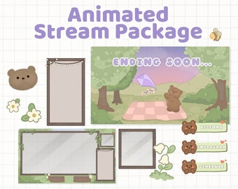 Animated Illustrated Bear Stream Overlay Package: Premade Twitch Theme