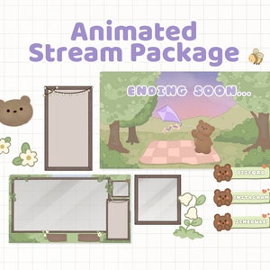 Puede incluir: Paquete de transmisión animado con un oso marrón, árboles verdes y un cielo morado. El paquete incluye una pancarta de 'Finalizando pronto', un cuadro de chat, un cuadro de horario y un cuadro de redes sociales.