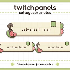 May include: A set of pixel art Twitch panels titled twitch panels cottagecore notes. The rectangular panels feature a grid pattern, a small green tab, and a cluster of pink flowers with green leaves. The text reads about me, schedule, and socials.