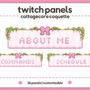 Op de afbeelding: Roze en witte Twitch-panelen met de tekst "twitch panels cottagecore coquette". De panelen bevatten "ABOUT ME", "COMMANDS" en "SCHEDULE" met bloemen- en strikaccenten. De afbeelding vermeldt ook "36 panelen | aanpasbaar".