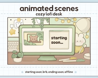 Cozy Lofi Desk – Animated + Static Twitch Scenes | Starting Soon, BRB, Ending & Offline Stream Overlays