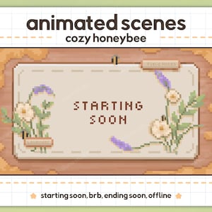 Könnte beinhalten: Animierte Szene mit einem gemütlichen Honigbienen-Thema. Das Bild zeigt ein pixeliges Design mit den Worten "STARTING SOON" in der Mitte. Lavendel- und weiße Blumen schmücken die Ränder, mit dem Text "Field Notes" und "Lavender". Der Text unten lautet "starting soon, brb, ending soon, offline."