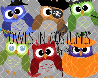 Halloween búhos imágenes prediseñadas, búhos en el disfraz clip art, imágenes prediseñadas digitales, imágenes prediseñadas de Halloween, búhos digitales, gráficos de Halloween, Halloween imprimible