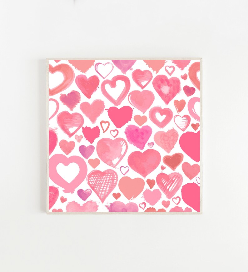 May include: A white background with a pattern of pink watercolor hearts of various sizes and shapes.