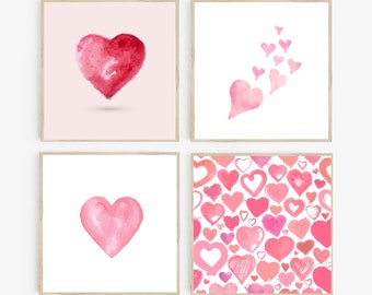 Valentines Day Printables, Valentines day prints, 4 Set Watercolour Hearts, Valentines day decor, Valentines wall art, Hearts, love wall art