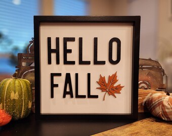 Handmade Hello Fall Wood Sign | 10x10 Maple Leaf Accent