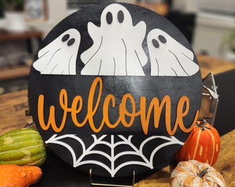 Halloween Welcome Sign | Ghost & Spider Web Wood Door Hanger