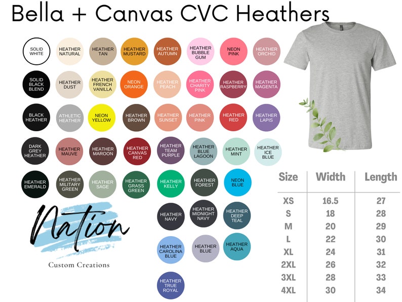 K&ouml;nnte beinhalten: Eine Tabelle, die die Farboptionen von Bella + Canvas CVC Heathers mit den entsprechenden Gr&ouml;&szlig;en- und Ma&szlig;angaben zeigt. Die Tabelle enth&auml;lt eine Vielzahl von Farben, darunter Heather Natural, Heather Tan, Heather Mustard, Heather Autumn, Heather Bubble Gum, Neon Pink, Heather Orchid, Heather Dust, Heather French Vanilla, Neon Orange, Heather Peach, Heather Charity Pink, Heather Raspberry, Heather Magenta, Black Heather, Athletic Heather, Neon Yellow, Heather Brown, Heather Sunset, Heather Pink, Heather Red, Heather Lapis, Dark Grey Heather, Heather Mauve, Heather Maroon, Heather Canvas Red, Heather Team Purple, Heather Blue Lagoon, Heather Mint, Heather Ice Blue, Heather Emerald, Heather Military Green, Heather Sage, Heather Grass Green, Heather Kelly, Heather Forest, Neon Blue, Heather Midnight Navy, Heather Navy, Heather Deep Teal, Heather Carolina Blue, Heather Blue, Heather Aqua und Heather True Royal. Die Tabelle enth&auml;lt auch die Gr&ouml;&szlig;enoptionen XS, S, M, L, XL, 2XL, 3XL und 4XL mit den entsprechenden Breiten- und L&auml;ngenma&szlig;en in Zoll.