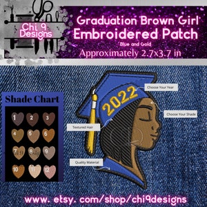 Melanin Graduation Woman Embroidered Patch: Blue & Gold, Iron On/Sew On