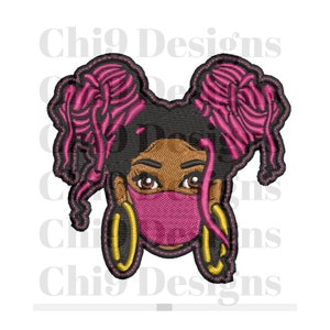 May include: Embroidered patch of a Black girl with pink hair in two buns, wearing a pink face mask and gold hoop earrings.