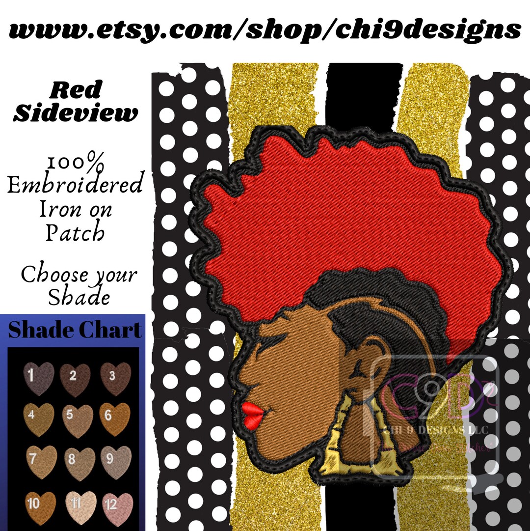 Red Afro Sideview Embroidered Patch - African American Woman (3.5x3.7 ...