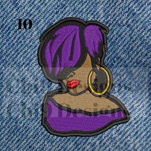 May include: Purple and black embroidered patch of a woman with purple hair, wearing large gold hoop earrings and a purple shirt.