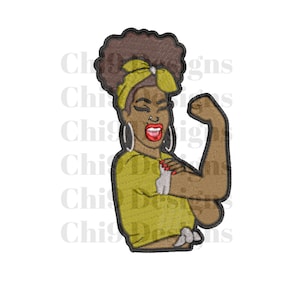 May include: A brown-skinned woman with a yellow headband and a yellow shirt is flexing her bicep. She has large hoop earrings and red lipstick. The background is white.