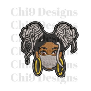 May include: Embroidered patch featuring a cartoon illustration of a Black woman with gray dreadlocks, wearing a gray face mask and large gold hoop earrings.