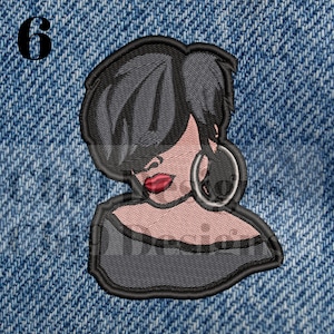 May include: Embroidered iron-on patch featuring a woman with short black hair, wearing large hoop earrings and a black shirt. The woman's lips are red.