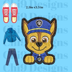 May include: Embroidered iron-on patch featuring a cartoon dog wearing a blue police hat and uniform. The dog is smiling and has brown fur, a yellow nose, and blue eyes. The patch is 2.5 inches by 3.5 inches.