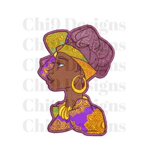 May include: Embroidered design of a woman with brown skin, wearing a purple and green head wrap, gold earrings, and a purple and gold patterned dress.
