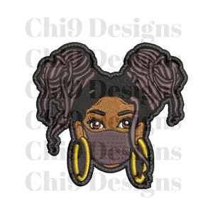 May include: Embroidered patch of a Black woman with brown hair in two buns, wearing a gray face mask and gold hoop earrings.