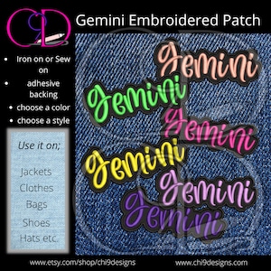 Puede incluir: Cinco parches bordados con la palabra "Gemini" en diferentes colores sobre un fondo de mezclilla azul. Los parches están disponibles en verde, amarillo, rosa, morado y melocotón. El texto "Gemini Embroidered Patch" está en la parte superior de la imagen.