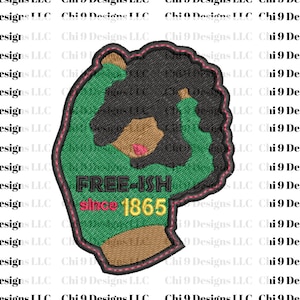 Puede incluir: Parche bordado con una mujer negra estilizada con afro, vistiendo una camisa verde con el texto "FREE-ISH since 1865".