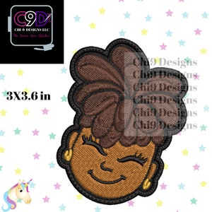 May include: Embroidered patch of a smiling cartoon face with brown skin, brown hair in a bun, and a wink. The patch is 3x3.6 inches.