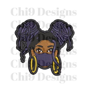 May include: An embroidered patch featuring a cartoon illustration of a Black girl with purple hair in two pigtails, wearing a blue face mask and gold hoop earrings.