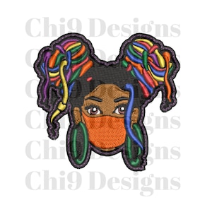 May include: Embroidered patch of a Black girl with colorful hair, wearing a face mask. The mask is orange and the hair is rainbow colored.