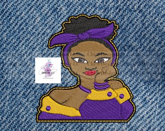 Parche termoadhesivo bordado Afro Diva: dorado y morado