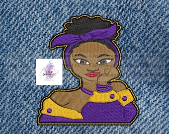 Afro Diva Patch 7, Gold white Patch, Embroidered Iron On Patch