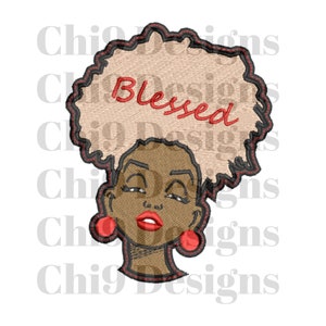 May include: Embroidered design of a woman with an afro hairstyle and red earrings. The afro is beige and the woman's skin is brown. The word "Blessed" is embroidered in red on the afro.