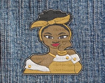 Afro Diva Embroidered Iron On Patch: Gold & White Applique
