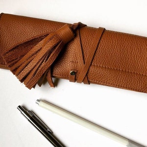 Brown Leather pen case Leather pen holder Pencil case Pen holder Leather pen pouch Leather pencil roll pencil bag