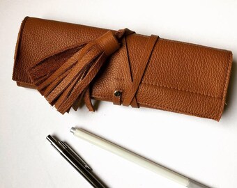 Brown Leather pen case Leather pen holder Pencil case Pen holder Leather pen pouch Leather pencil roll pencil bag