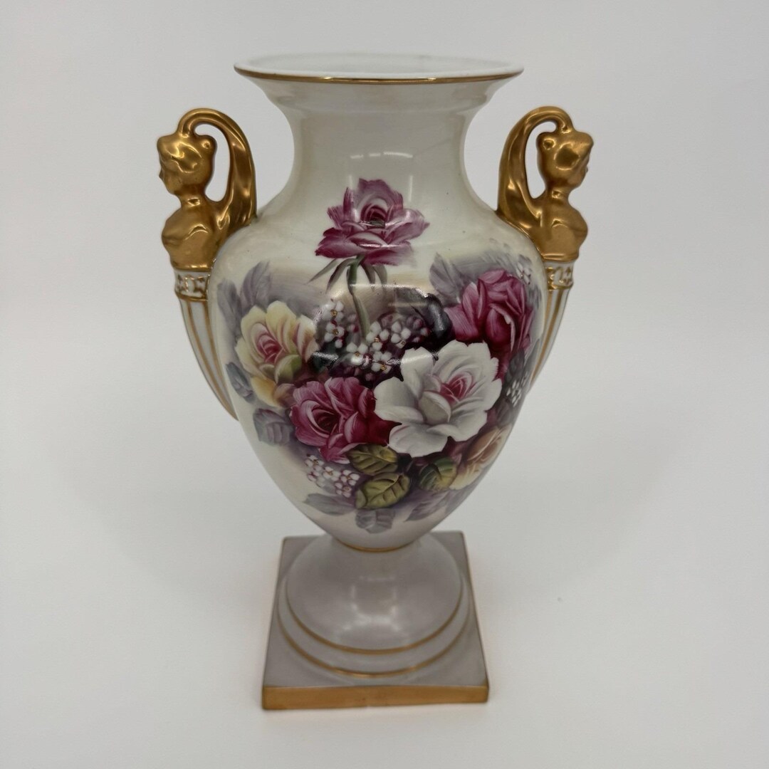 Vintage Porcelain Vase Hand Painted Roses Floral Design Gold Gilt ...