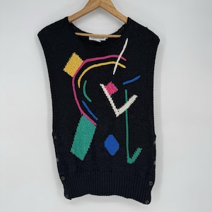 Vintage Boxy Sweater Vest Women&#39;s Medium Black Geometric Funky Deco Abstract