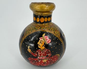 Antique Persian Indian Hand Painted Hammered Metal Vase Bottle