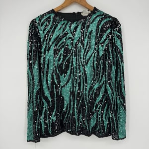 Oleg Cassini Silk Sequin Beaded Long Sleeve Floral Top Size Small Green & Black