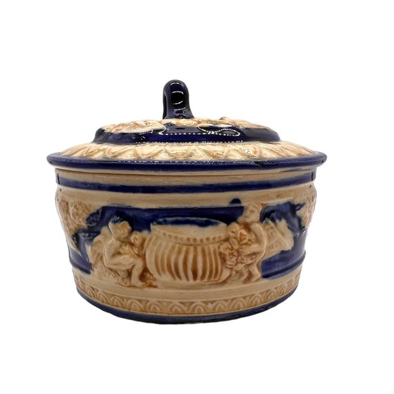 Vintage Cobalt Majolica Cherub Powder Box Trinket… - image 3