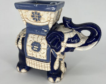Vintage Elephant Asian Oriental Planter Handpainted Cobalt Blue Large