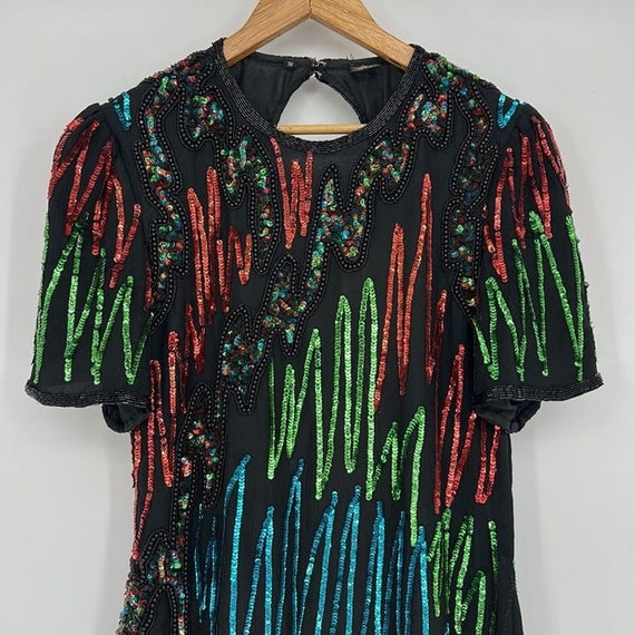 80s Cocktail Dress Prom Sequins Silk Beaded Cut O… - image 7