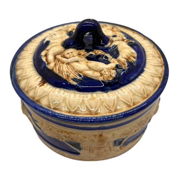 Vintage Cobalt Majolica Cherub Powder Box Trinket… - image 1